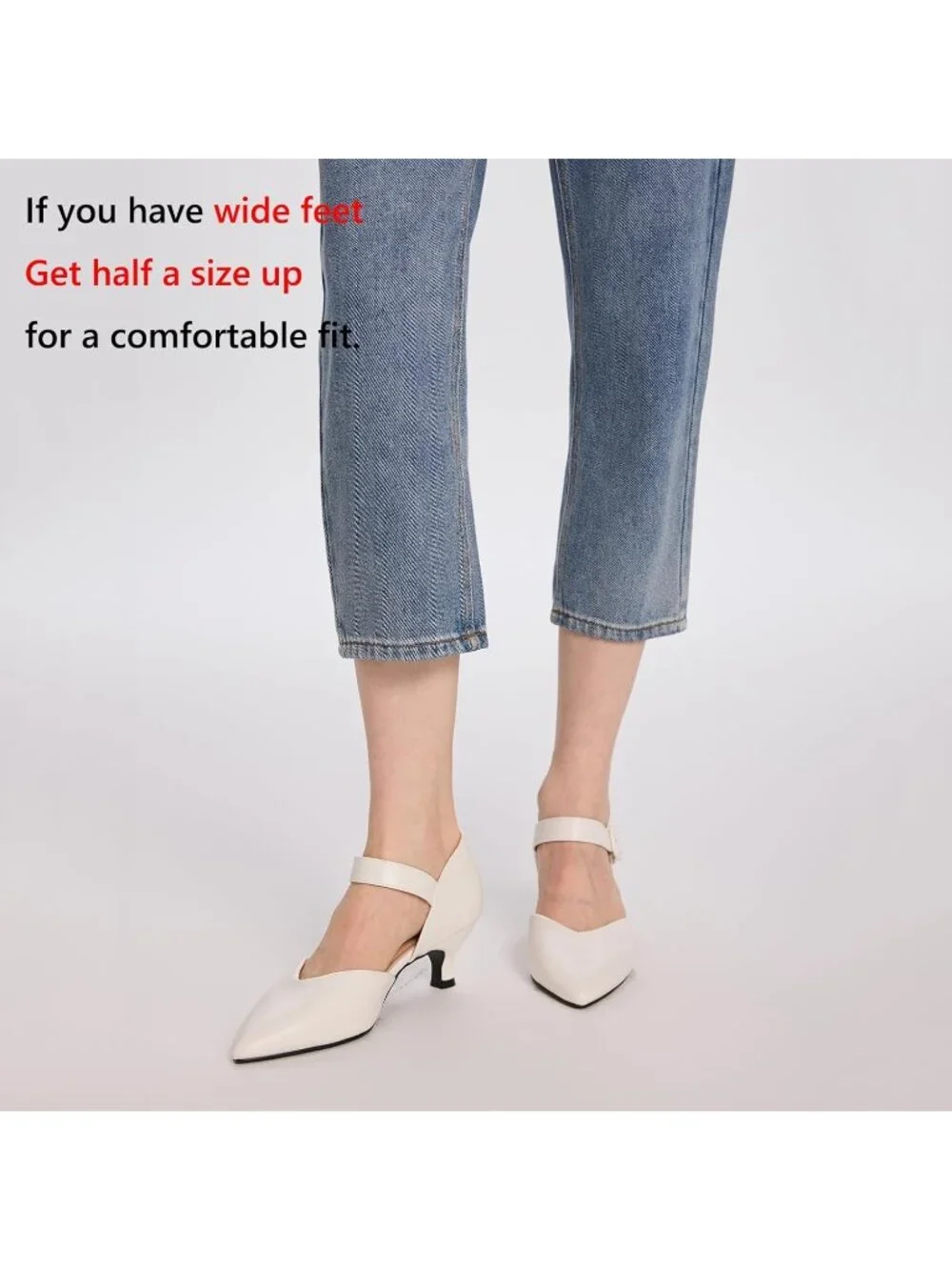 Women's White Closed Pointed Toe Ankle Strap Buckle Heels Slip on Low Heel Shoes